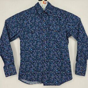 Rodeo Clothing Shirt Mens Small Blue Paisley Pearl Snap Western Long Sleeve